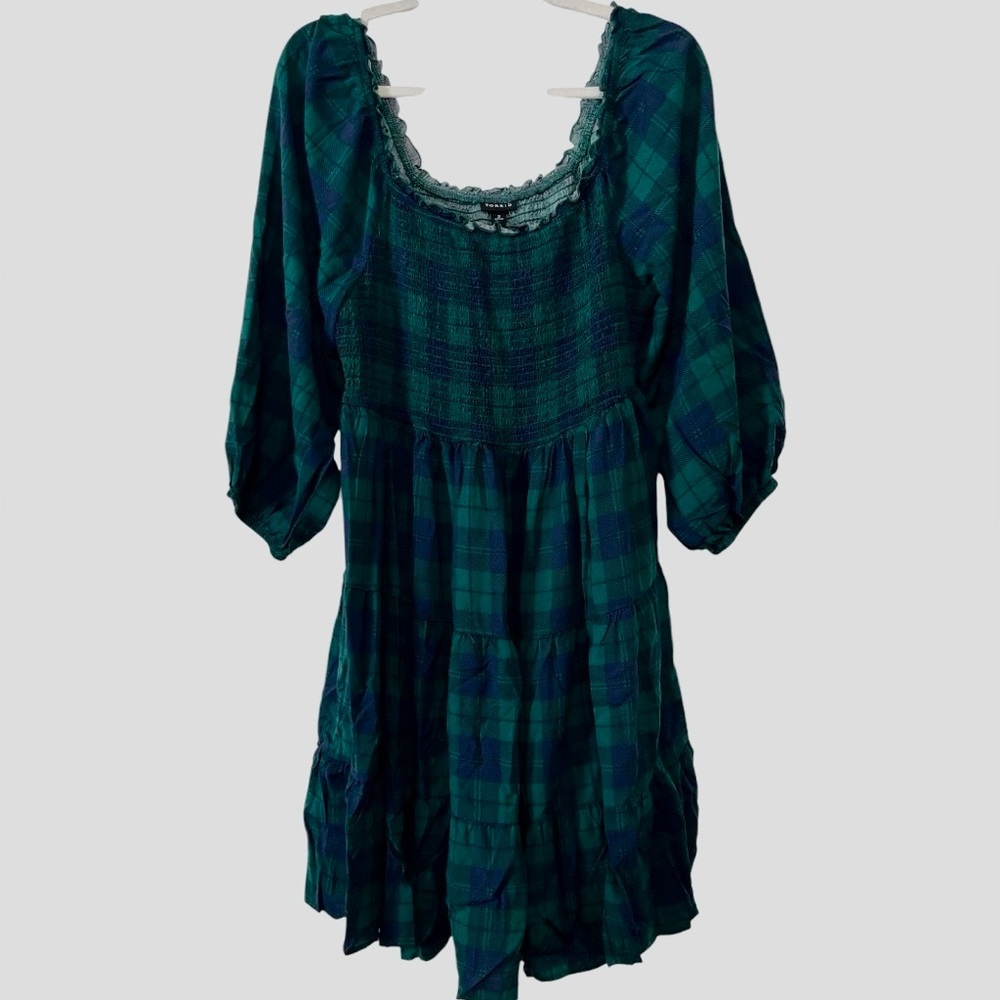 Torrid Green and Blue Plaid Smocked Balloon Sleeve Peasant Dress Size 2 (Large)